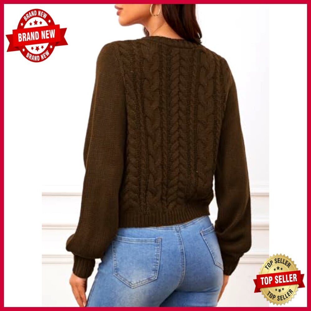 Cropped Tie Front Cardigan Sweater, Lightweight Knit, Long Sleeve, V-Neck - Picture 2 of 7